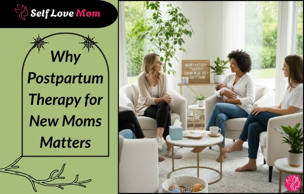 therapist for new moms discussing postpartum therapy and emotional support in a group counseling session