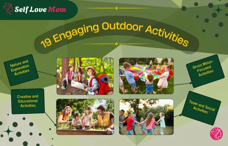 A collage of 19 outdoor activities for preschoolers, including nature exploration, gross motor-focused activities, team and social activities, and creative educational activities.