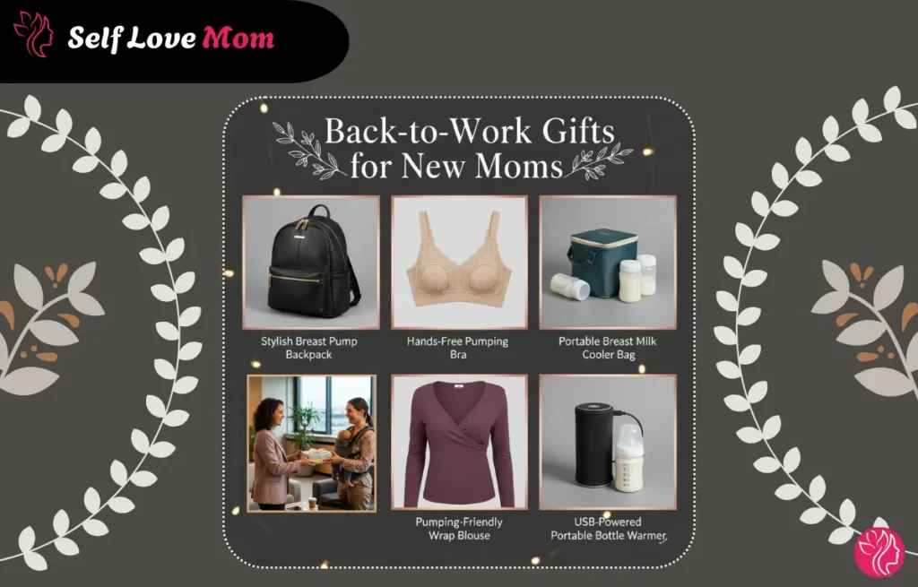 Back-to-work gifts for new moms, featuring a stylish breast pump backpack, hands-free pumping bra, milk cooler bag, and more.
