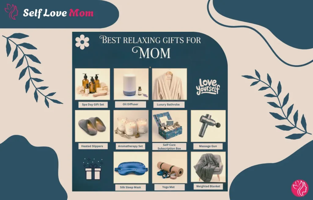 A collection of the best relaxing gifts for mom including spa day set, oil diffuser, luxury bathrobe, heated slippers, aromatherapy set, massage gun, and more, with the text 'Best Relaxing Gifts for Mom