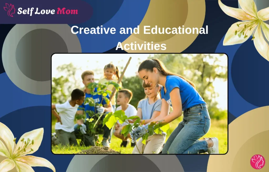 Preschoolers and an educator planting trees outdoors, engaging in creative and educational activities