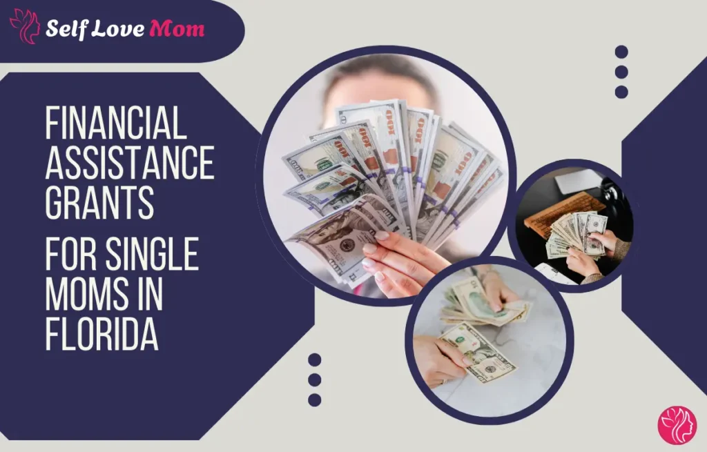 A series of images showing hands holding bundles of money, symbolizing financial assistance and grants for single moms in Florida.
