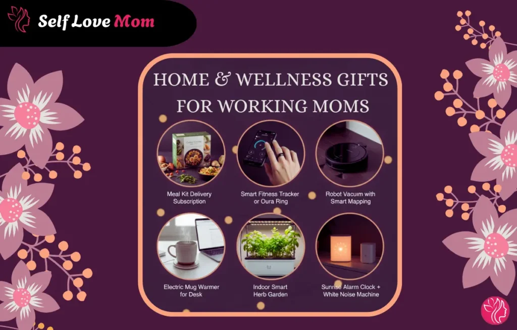 Home and wellness gifts for working moms, featuring meal kit subscriptions, fitness trackers, robot vacuums, and more.
