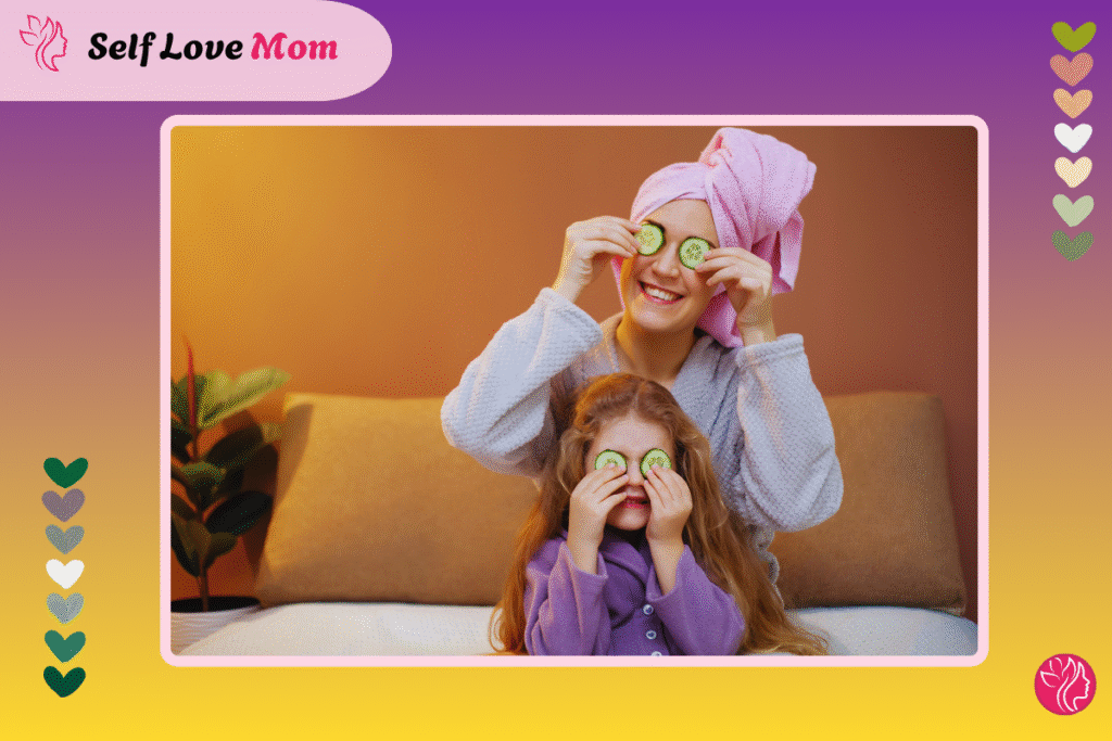 A mom and daughter enjoying a relaxing self-care moment indoors, taking time for themselves.