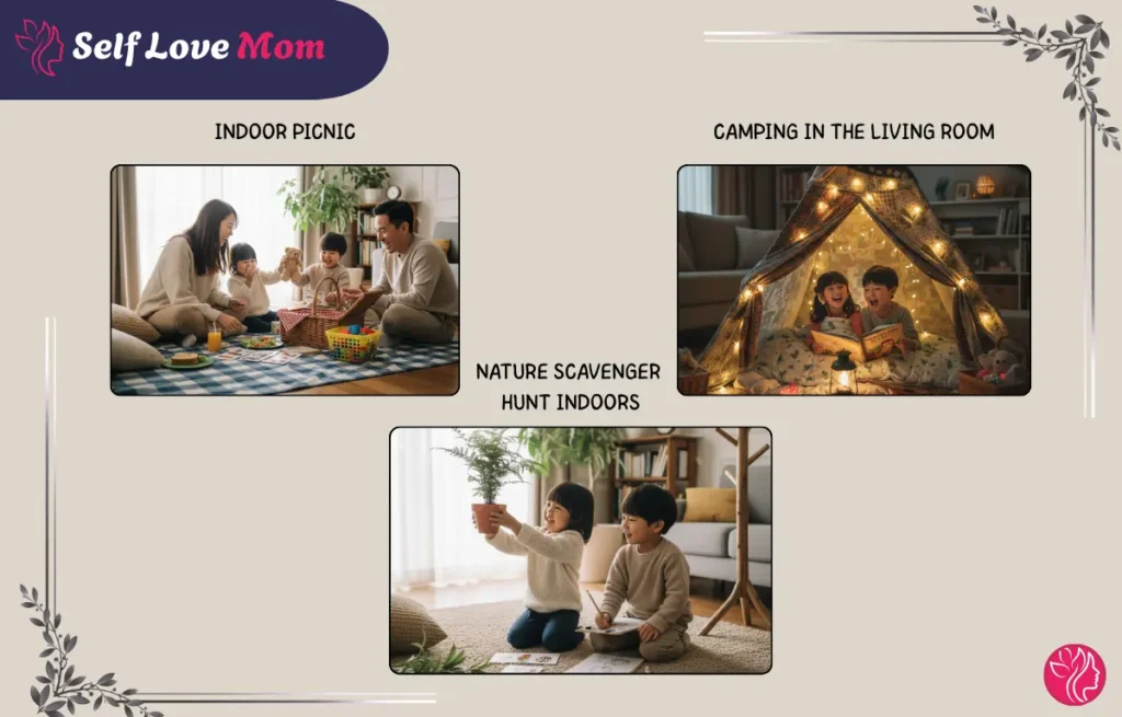 Outdoor-inspired indoor fun for kids including indoor picnics, camping in the living room, and nature scavenger hunts indoors. Fun things to do at home for children and families.