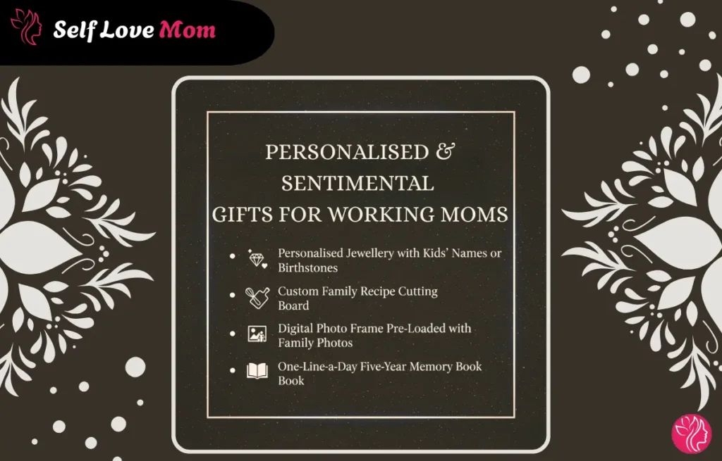 Personalized and sentimental gifts for working moms, featuring jewelry, custom cutting boards, digital photo frames, and memory books.