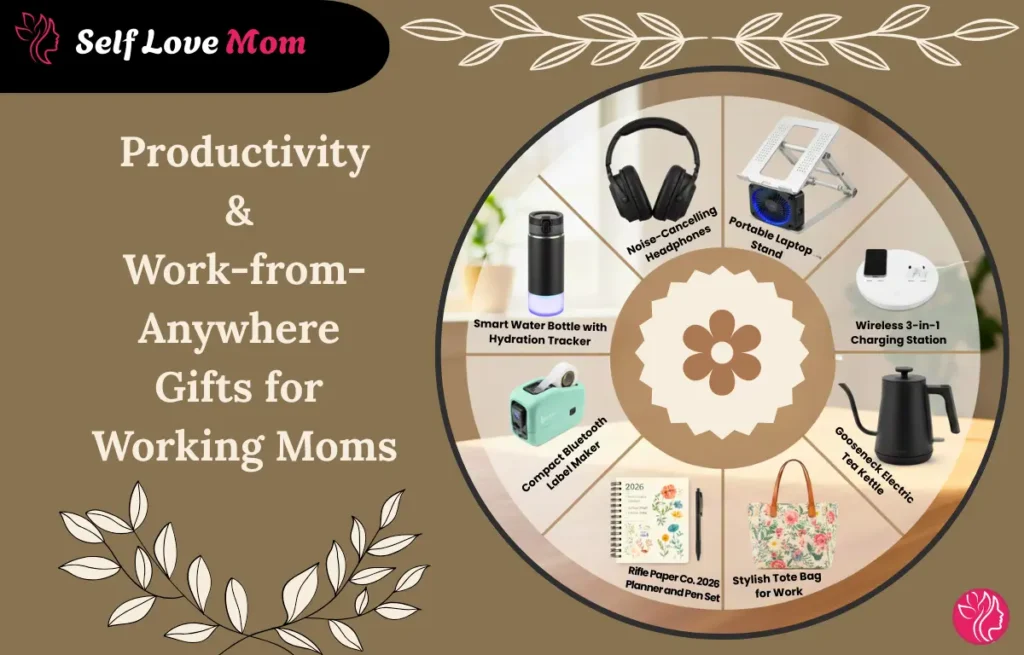 Productivity and work-from-anywhere gifts for working moms, featuring noise-canceling headphones, smart water bottle, portable laptop stand, and more.