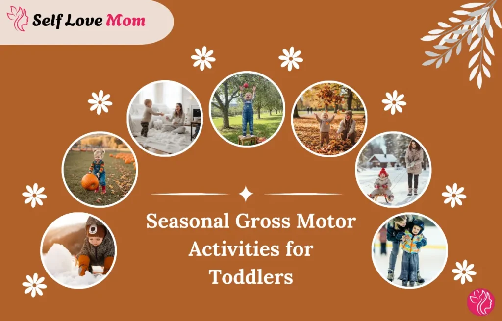 Seasonal gross motor activities for toddlers, showing children engaging in fun physical play during different seasons with parents.