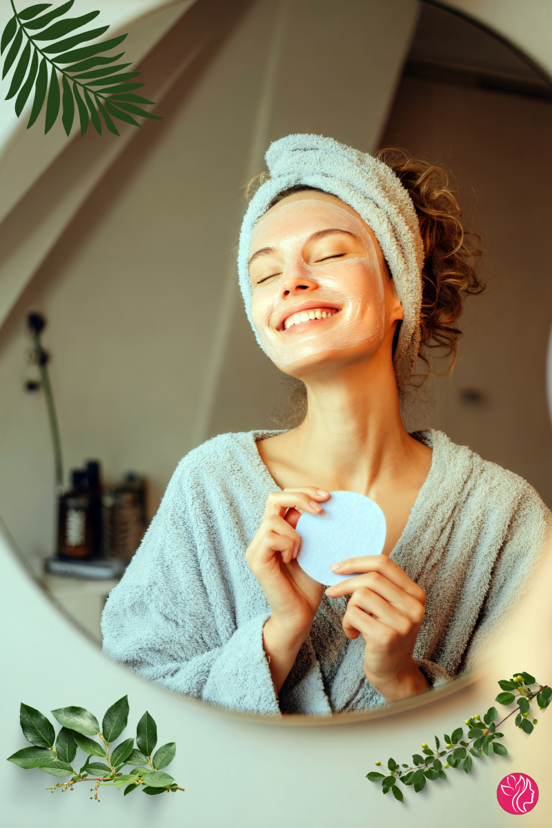 A mom enjoying a peaceful skincare moment, holding a cotton pad and smiling in a cozy robe.