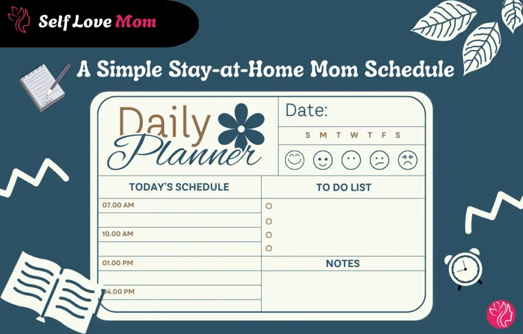 A simple stay-at-home mom schedule planner template with time slots for organizing the day, including a to-do list and mood tracker. Perfect for moms managing daily tasks.