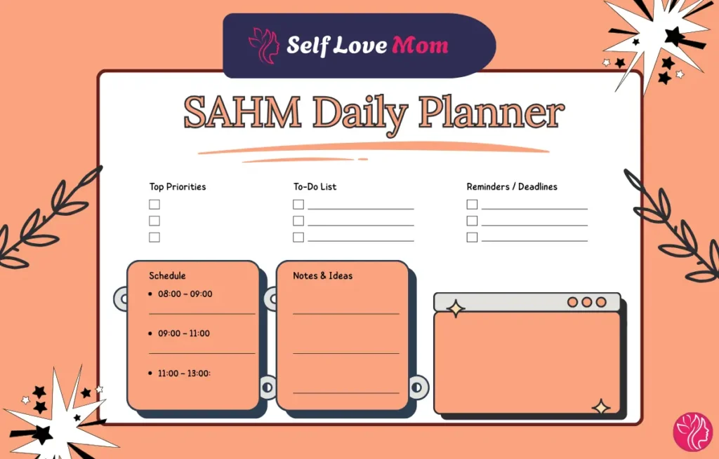Stay at Home Mom Daily Planner with sections for priorities, schedule, to-do list, and notes.