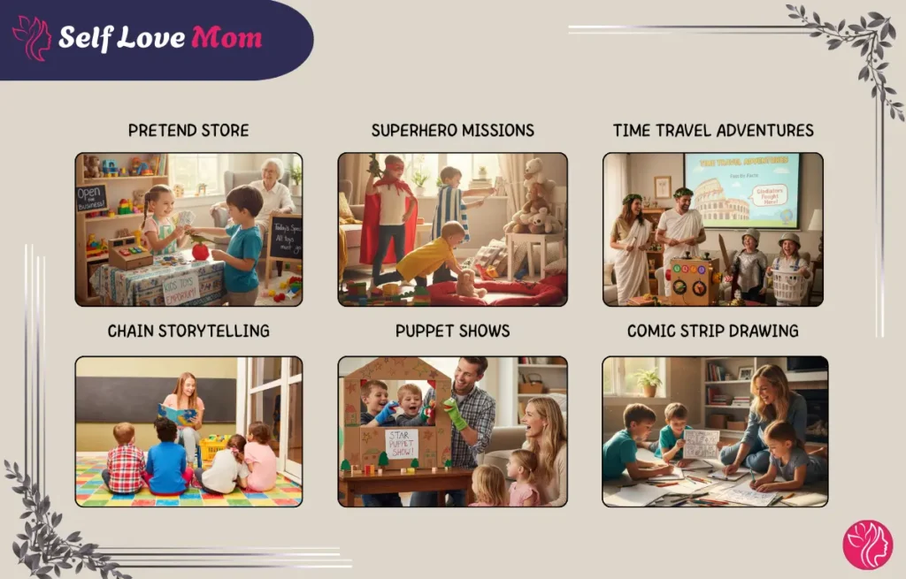 Storytelling and imaginative play activities for kids including pretend store, superhero missions, time travel adventures, chain storytelling, puppet shows, and comic strip drawing. Fun things to do at home for children and families.