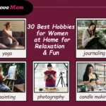 A creative layout featuring 5 hobbies for women at home for relaxation and fun, including yoga, painting, photography, journaling, and candle making.