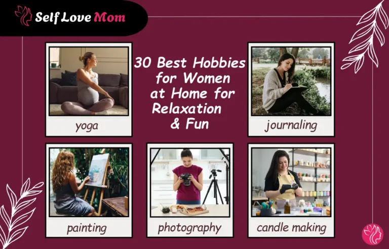 A creative layout featuring 5 hobbies for women at home for relaxation and fun, including yoga, painting, photography, journaling, and candle making.