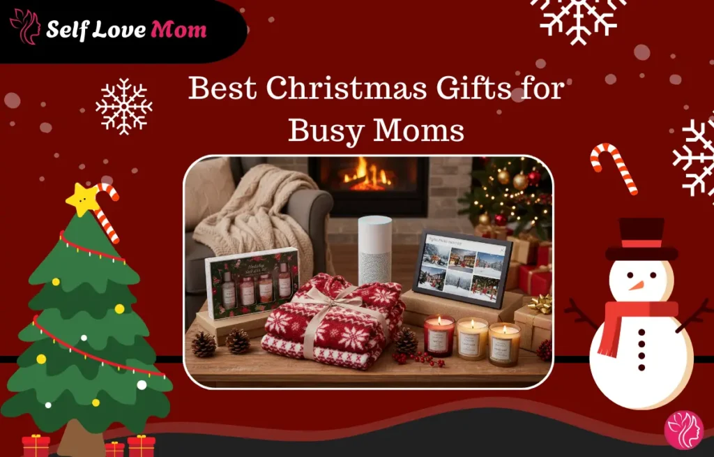 Best Christmas gifts for busy moms, featuring a cozy blanket, digital photo frame, holiday candle set, smart speaker, and festive decorations to make Christmas extra special for moms in 2026.