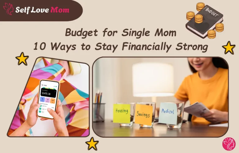 A single mom managing her finances with a budget app on her smartphone, surrounded by sticky notes labeled "Housing," "Savings," and "Medical," demonstrating a practical budget for single mom.
