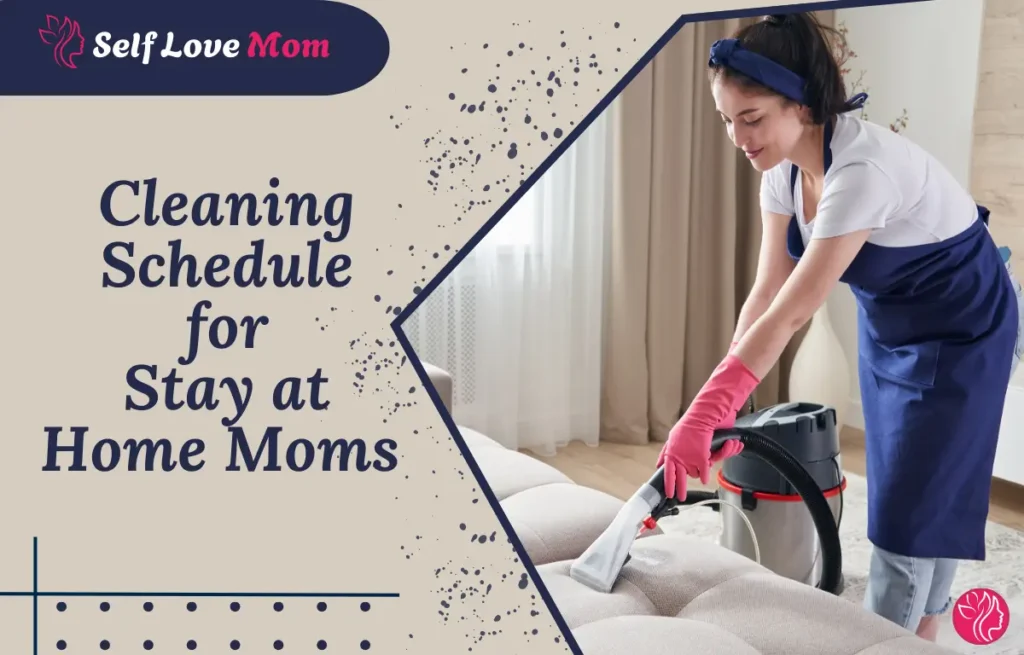 Stay-at-home mom cleaning the couch with a vacuum cleaner, following a cleaning schedule for stay at home moms.