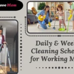 Cleaning schedule for working moms – A mom vacuuming in the kitchen with her child, and another mom cleaning with her children in the living room.