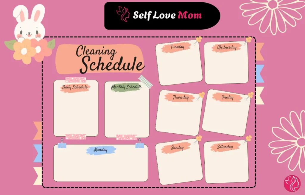 A colorful weekly and monthly printable cleaning schedule for stay at home moms with sections for daily, weekly, and monthly tasks.