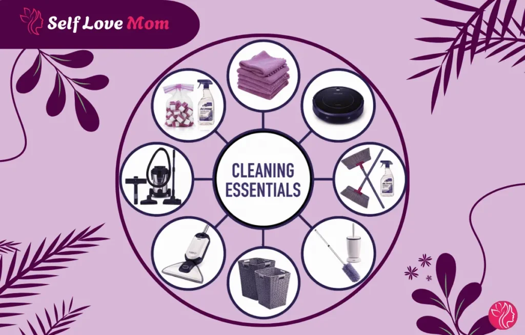 Cleaning tools for working moms, including a vacuum, microfiber cloths, cleaning sprays, and baskets.