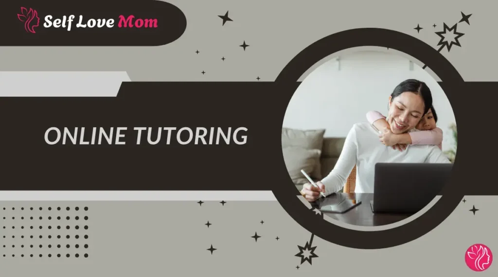 Stay at home mom doing online tutoring on a laptop while her child hugs her, showing flexible work from home teaching jobs.