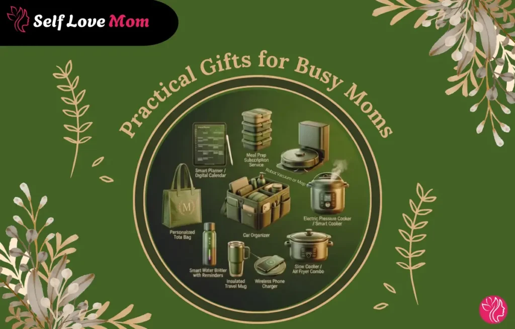 Practical gifts for busy moms, including a smart planner, personalized tote bag, robot vacuum, electric pressure cooker, car organizer, and other time-saving gadgets, perfect for moms managing busy schedules.
