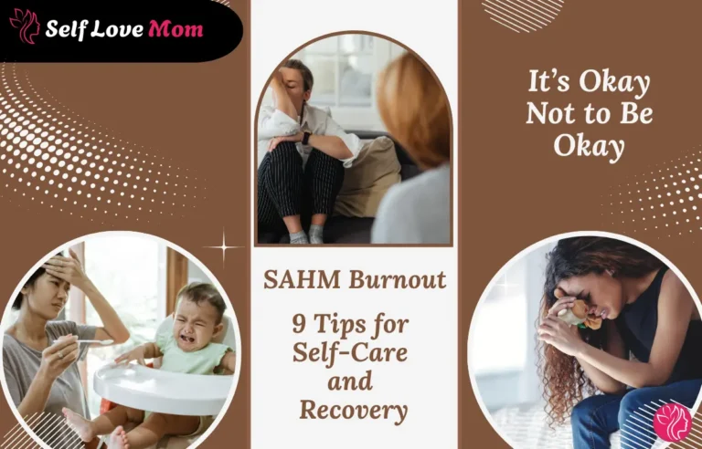 A soothing image with a message about overcoming SAHM burnout, featuring a distressed mom, a crying child, and tips for self-care and recovery.