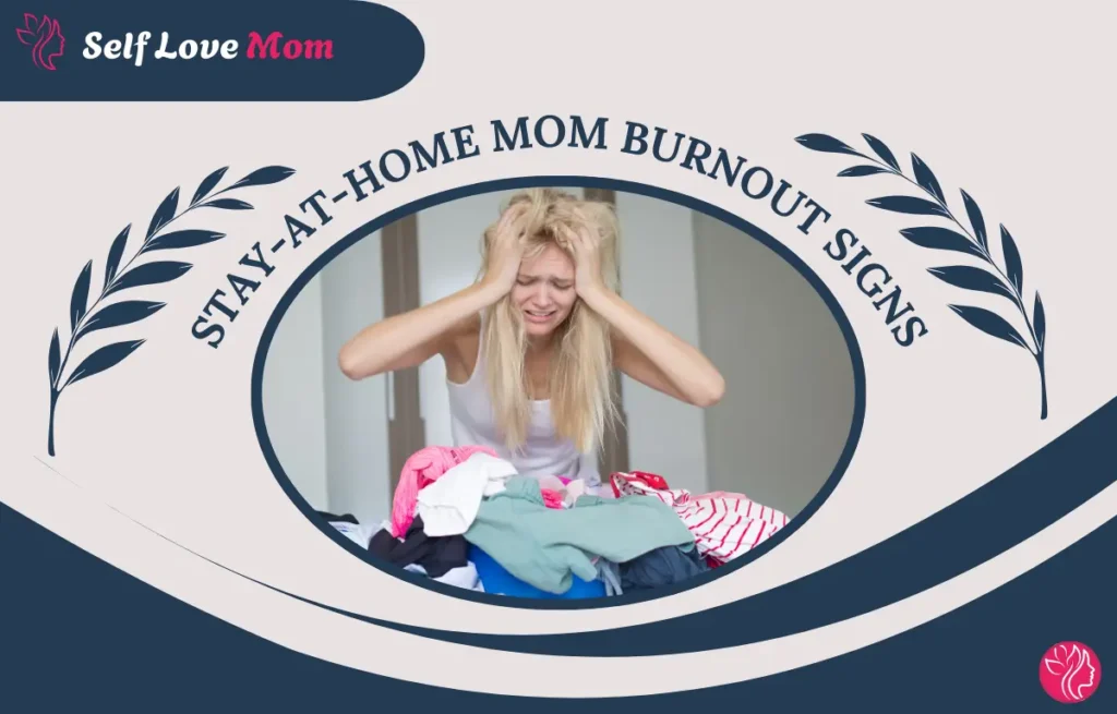 Stay-at-home mom burnout signs: image of a stressed mom holding her head, overwhelmed by a pile of laundry. This visual illustrates the mental and physical exhaustion that can lead to burnout for stay-at-home moms.