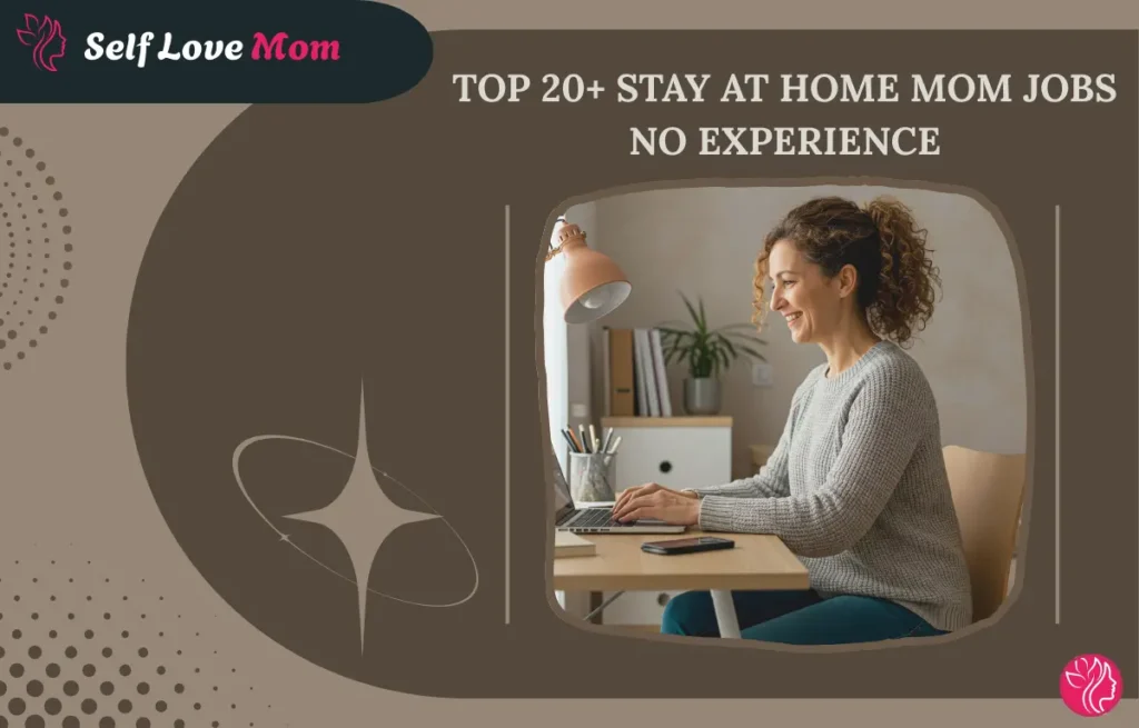 A happy stay-at-home mom working on a laptop at home, representing top no-experience work-from-home job ideas for moms.