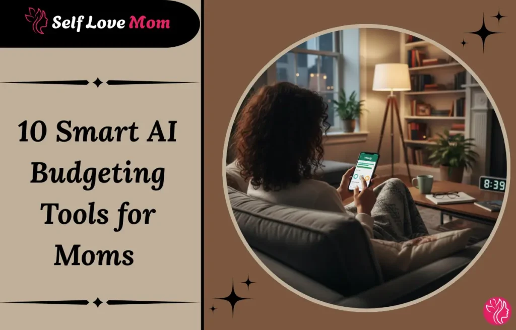 mom using smart AI budgeting tools on her phone to manage finances at home