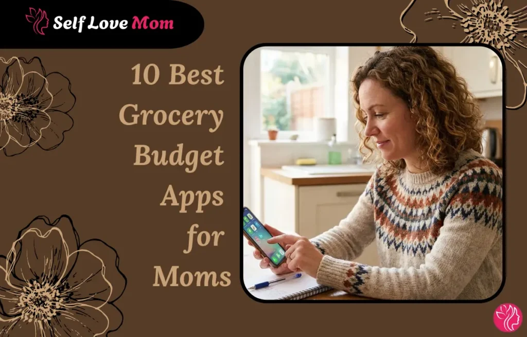 Mom using grocery budget app on smartphone to plan family shopping