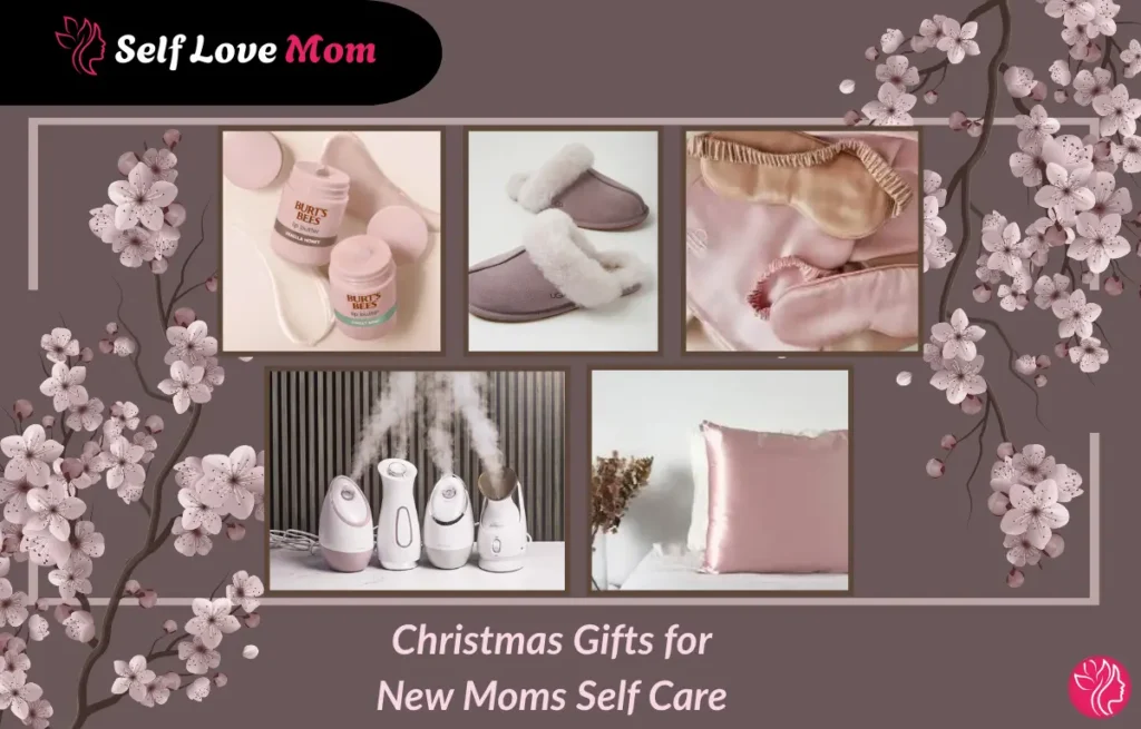 Christmas self care gift ideas for new moms including skincare, slippers, eye mask and humidifier