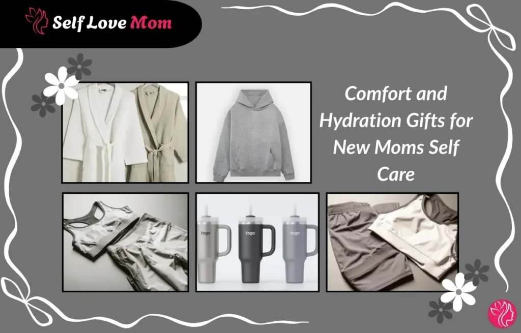 Comfort and hydration self care gifts for new moms including robes, hoodies, loungewear and water tumblers