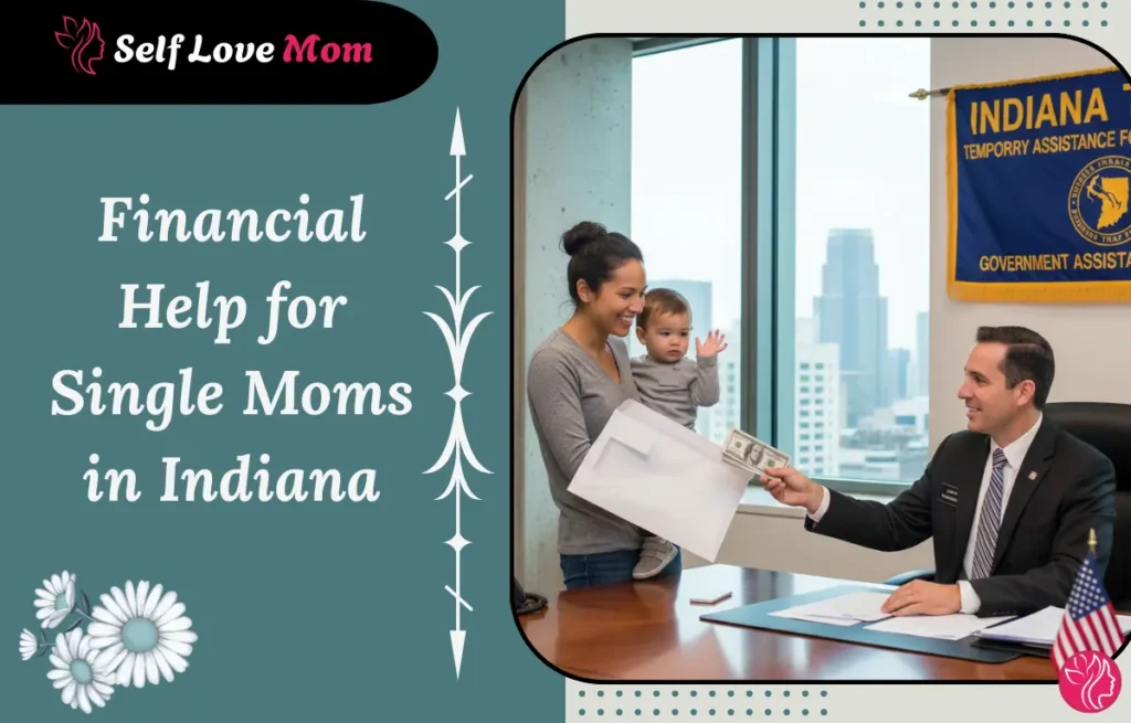Financial help for single mothers in Indiana, featuring a mother and child receiving assistance.