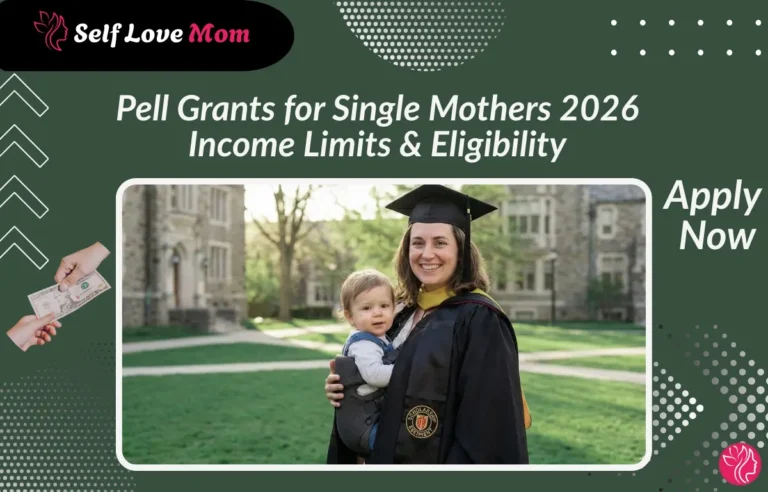 Single mother holding child in graduation gown, promoting Pell Grants for Single Mothers 2026 Income Limits & Eligibility.