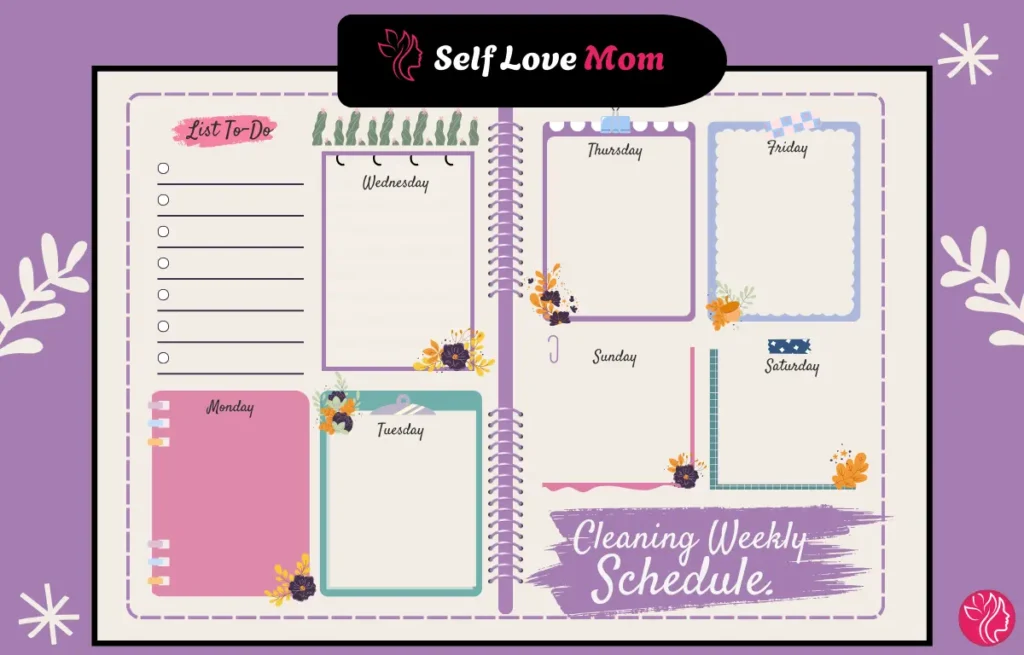 Printable cleaning schedule for working moms with weekly home cleaning planner and self care themed layout