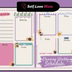 Printable cleaning schedule for working moms with weekly home cleaning planner and self care themed layout