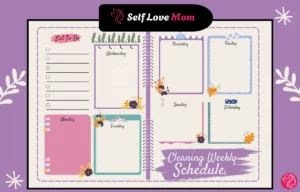 Printable cleaning schedule for working moms with weekly home cleaning planner and self care themed layout