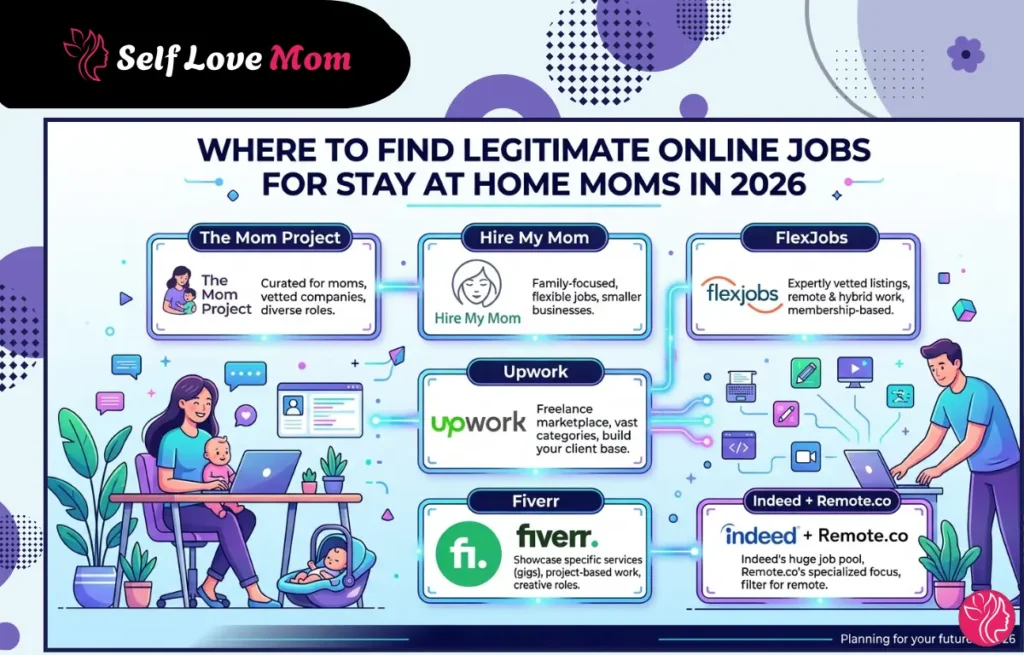 Infographic showing best platforms to find legitimate online jobs for stay at home moms in 2026 including The Mom Project, Hire My Mom, FlexJobs, Upwork, Fiverr, and Indeed