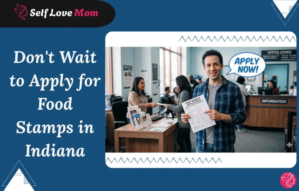 Person applying for food stamps in Indiana holding SNAP application form at benefits office