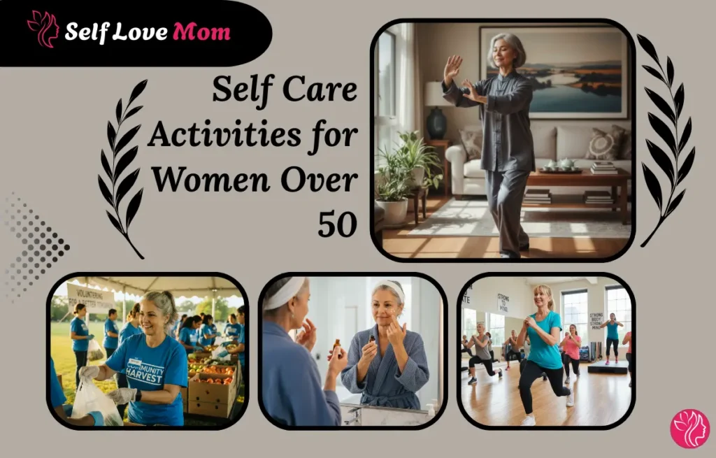 A collage of women over 50 engaging in self-care activities, including Tai Chi, volunteering, skincare, and exercise, with the text "Self Care Activities for Women Over 50."
