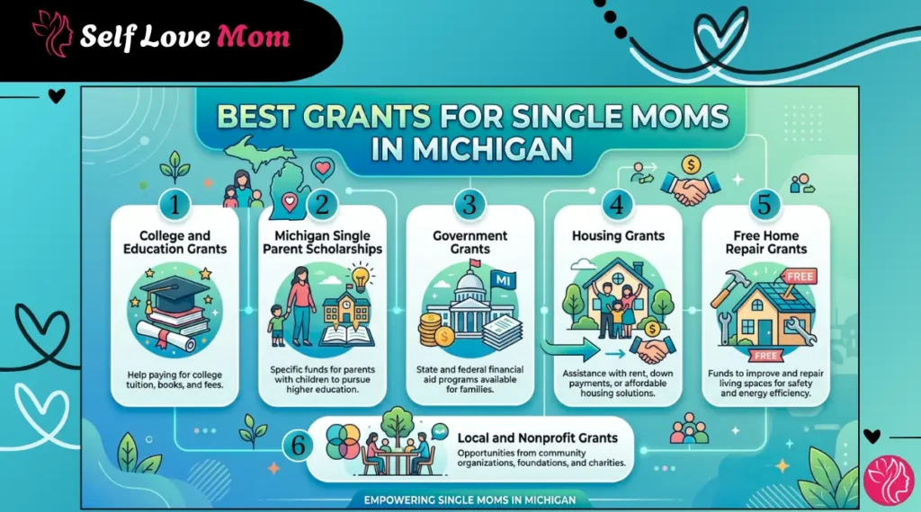 Infographic showing the 6 best grants for single moms in Michigan in 2026 including college grants, housing grants, government grants, scholarships, home repair grants, and nonprofit programs by Self Love Mom
