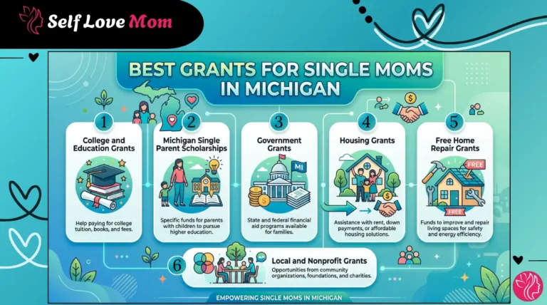 Infographic showing the 6 best grants for single moms in Michigan in 2026 including college grants, housing grants, government grants, scholarships, home repair grants, and nonprofit programs by Self Love Mom