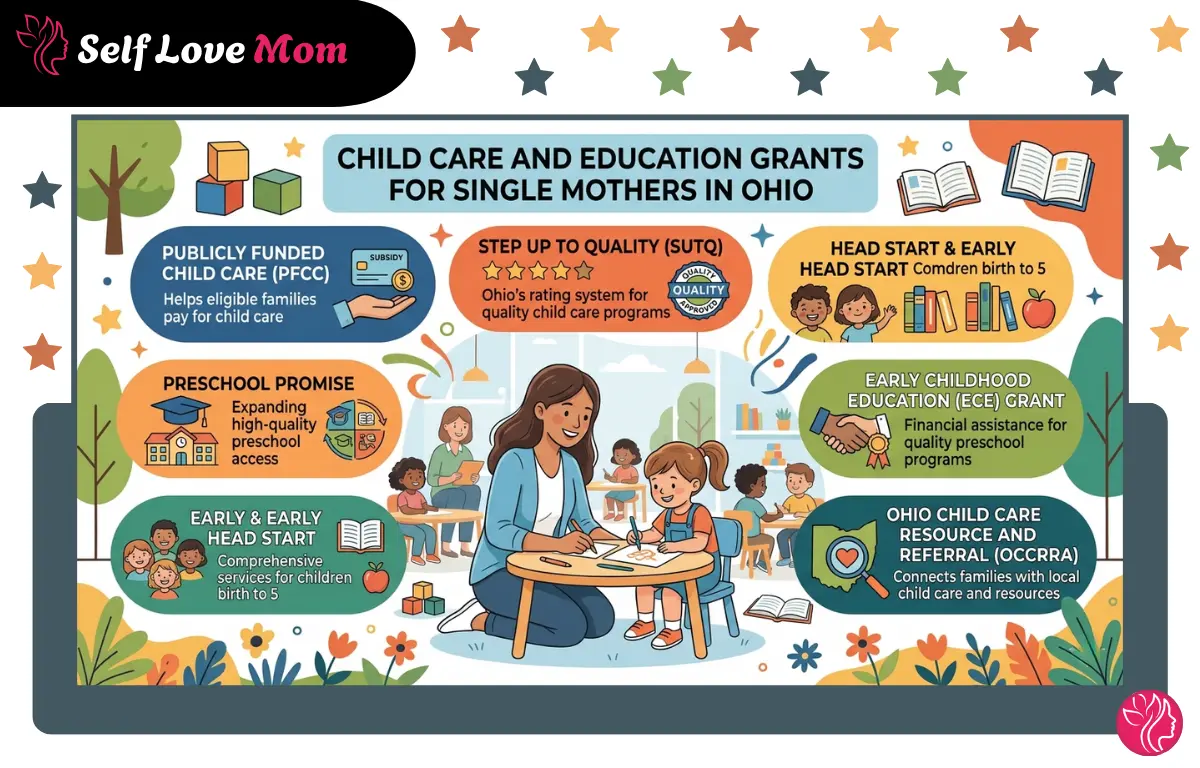 Infographic displaying various child care and education grants available for single mothers in Ohio, including Publicly Funded Child Care, Preschool Promise, Step Up to Quality, Head Start, Early Childhood Education Grant, and Ohio Child Care Resource and Referral.