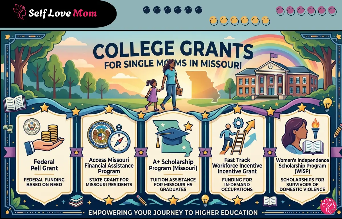 College grants for single moms in Missouri including Pell Grant, Access Missouri program, A+ Scholarship, and workforce grants