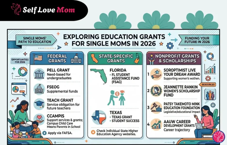 Infographic showing education grants for single moms in 2026 including federal grants like Pell Grant, FSEOG, TEACH Grant, and CCAMPIS, state-specific grants for Texas and Florida, and nonprofit scholarships like Soroptimist and Jeannette Rankin Fund