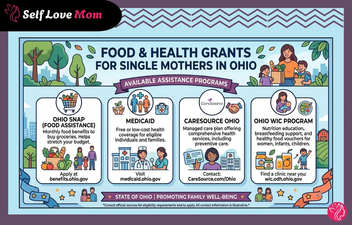 Infographic showing available food and health assistance programs for single mothers in Ohio, including Ohio SNAP, Medicaid, CareSource Ohio, and Ohio WIC Program.
