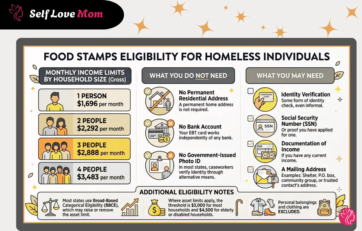Food stamps eligibility rules for homeless individuals showing monthly income limits, documents required, and items not needed to apply for SNAP benefits.