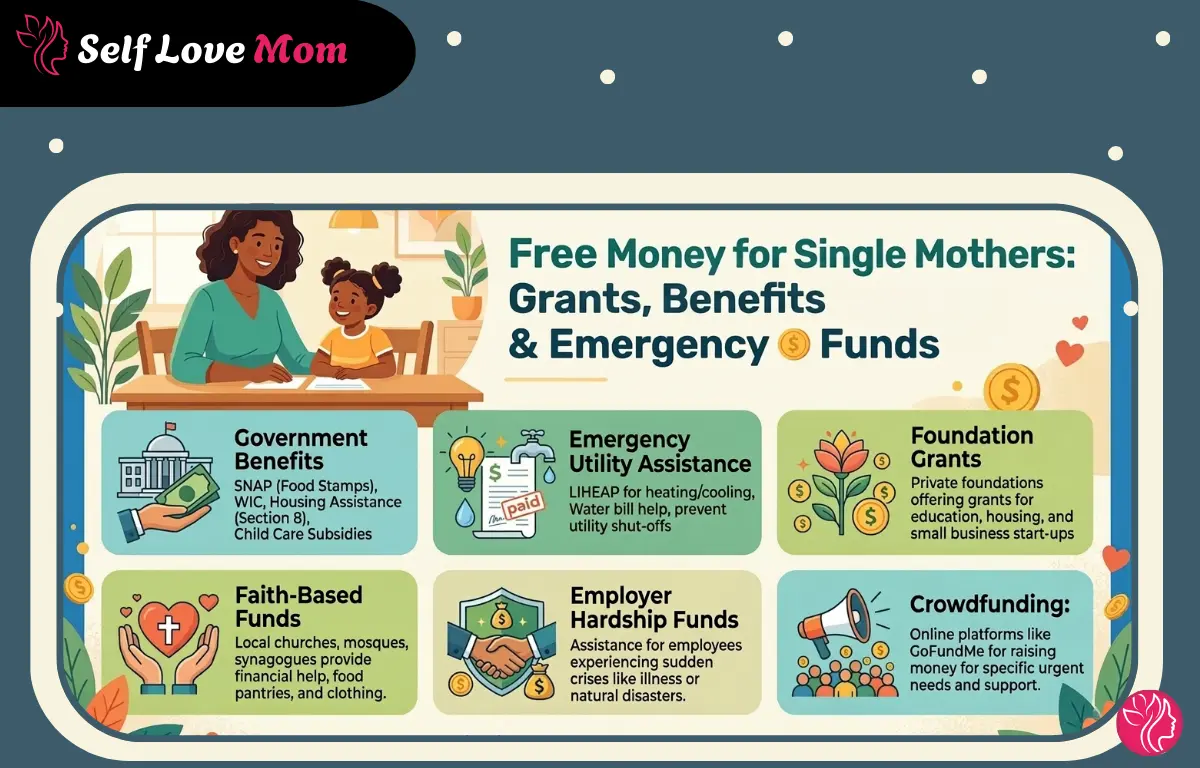 Infographic showing free money options for single mothers including government benefits, emergency utility assistance, foundation grants, faith-based funds, employer hardship funds, and crowdfunding – Self Love Mom