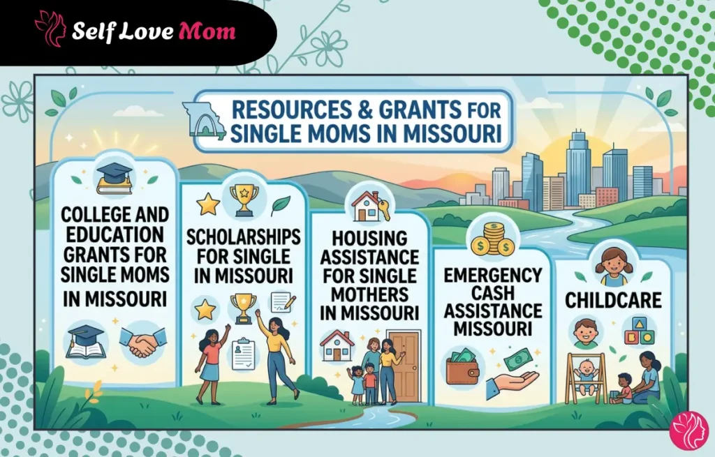 Grants for Single Moms in Missouri including education grants, scholarships, housing assistance, emergency cash aid, and childcare support